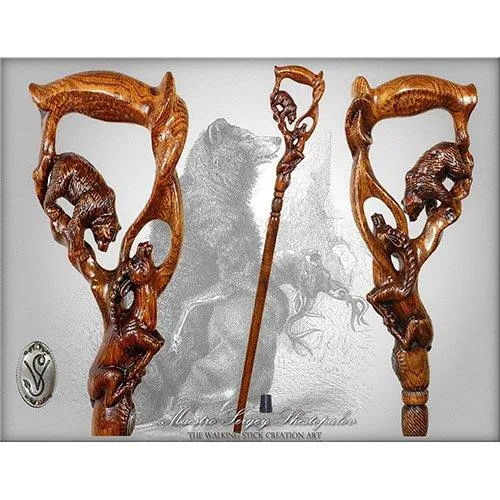 Bear & Gazelle: Artisan Intricate Detail Hand-Carved Cane
