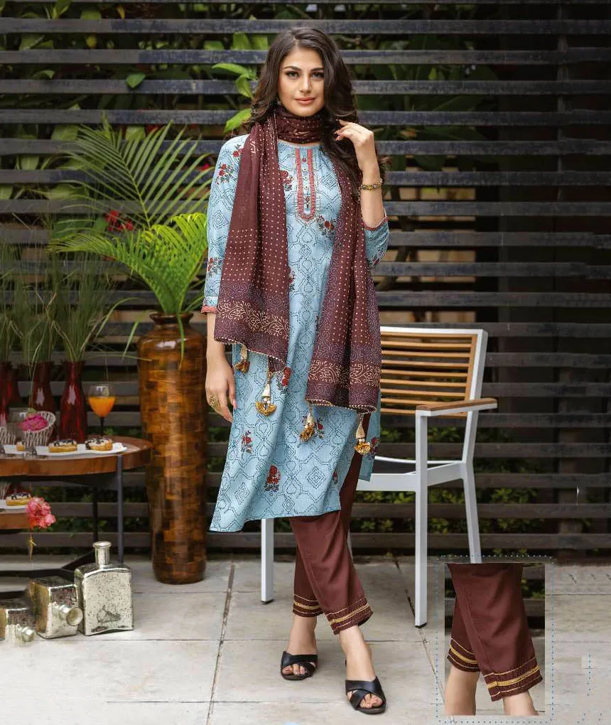 Stitched Readymade Blue Printed Cotton Suit Set